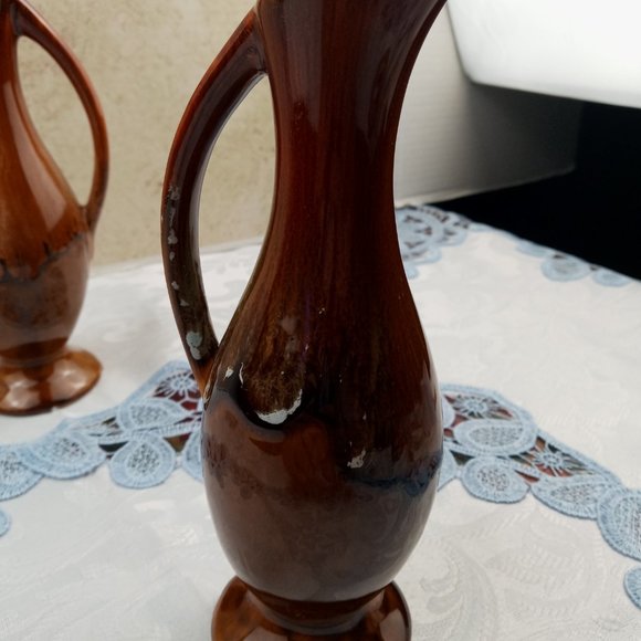 Dryden Pottery Handmade Brown Drip Glazed Ewer Pitcher Pair 7-1/2" - Picture 5 of 8